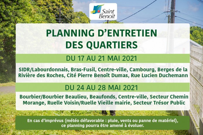 Planning d'entretien des quartiers du 17 au 21 mai 2021 et Du 24 au 28 mai 2021