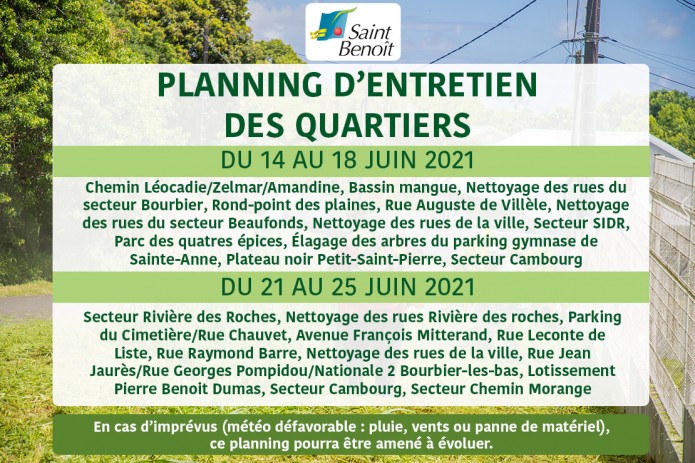 Planning d'entretien des quartiers du 14 au 18 juin et du 21 au 25 juin 2021