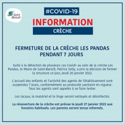 Cas covid-19 : Fermeture de la crèche les Pandas