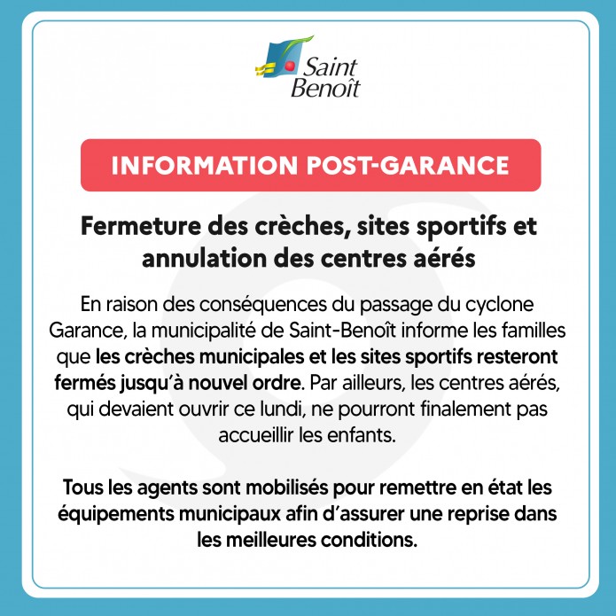 Post-Garance | Fermeture des crèches, sites sportifs et annulation des centre aérés